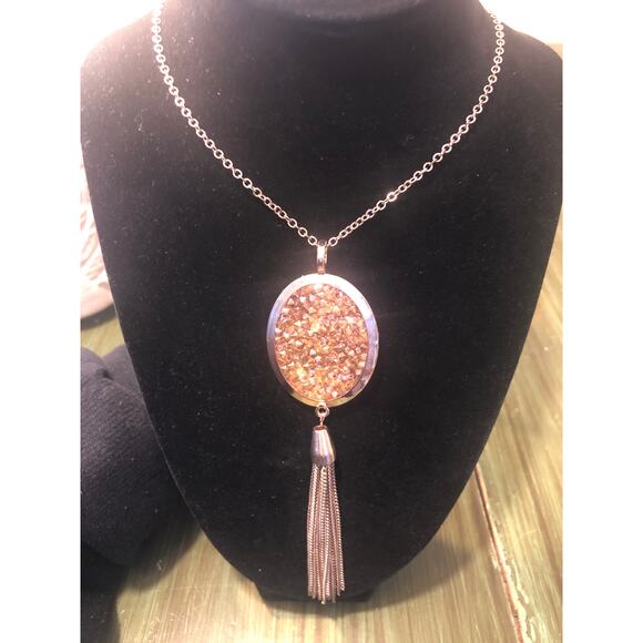 Chico's Vintage EUC Long Pendant Necklace Gold Tone Etched Oval with Tassel - Picture 2 of 4